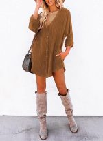 Astylish Women Casual Long Sleeve Button Down Oversized Corduroy Shirt Dress with Pocket - Image 3